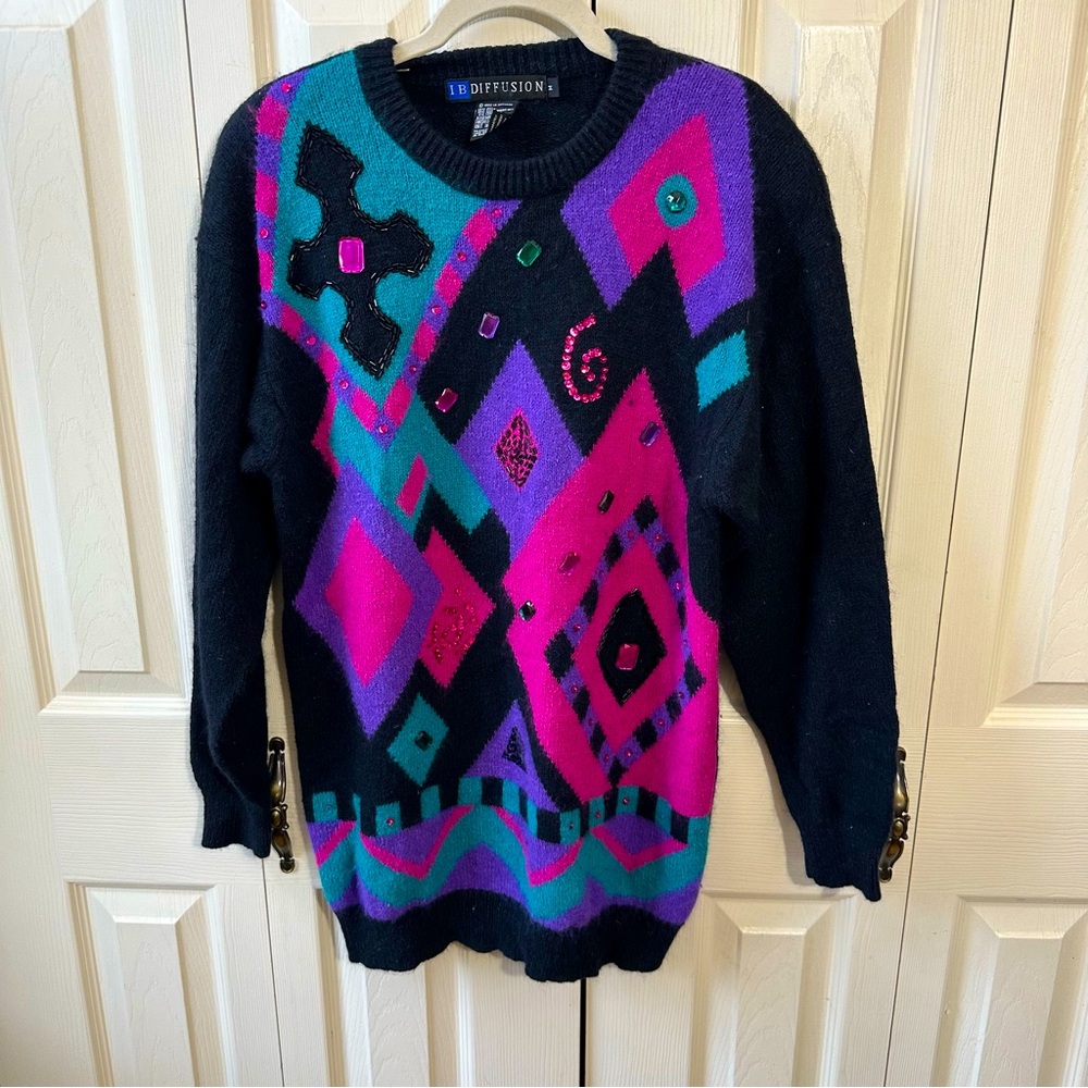Vintage 90s IB Diffusion Beaded Crewneck Sweater Silk Rabbit Hair Womens Size M
